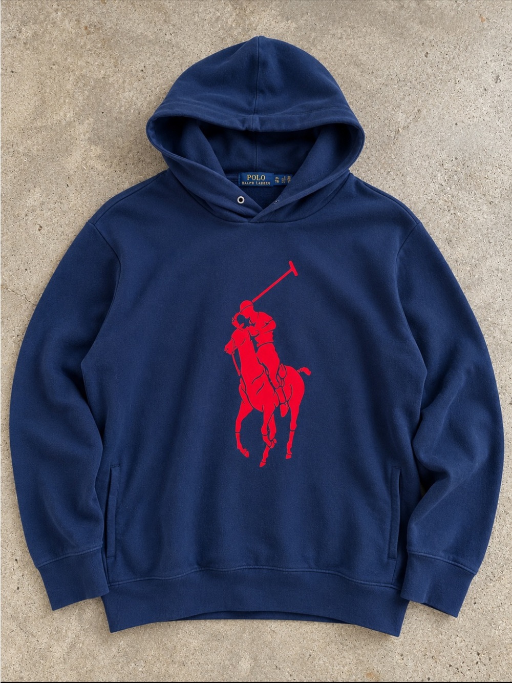 Polo Ralph Lauren Big Pony Hoodie Mn XL Navy Red Logo Pullover Streetwear FLAW
